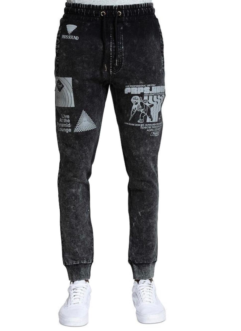 PRPS Mens Black Acid Wash Nakabito Graphic Jogger Pants 2x Streetwear Grunge
